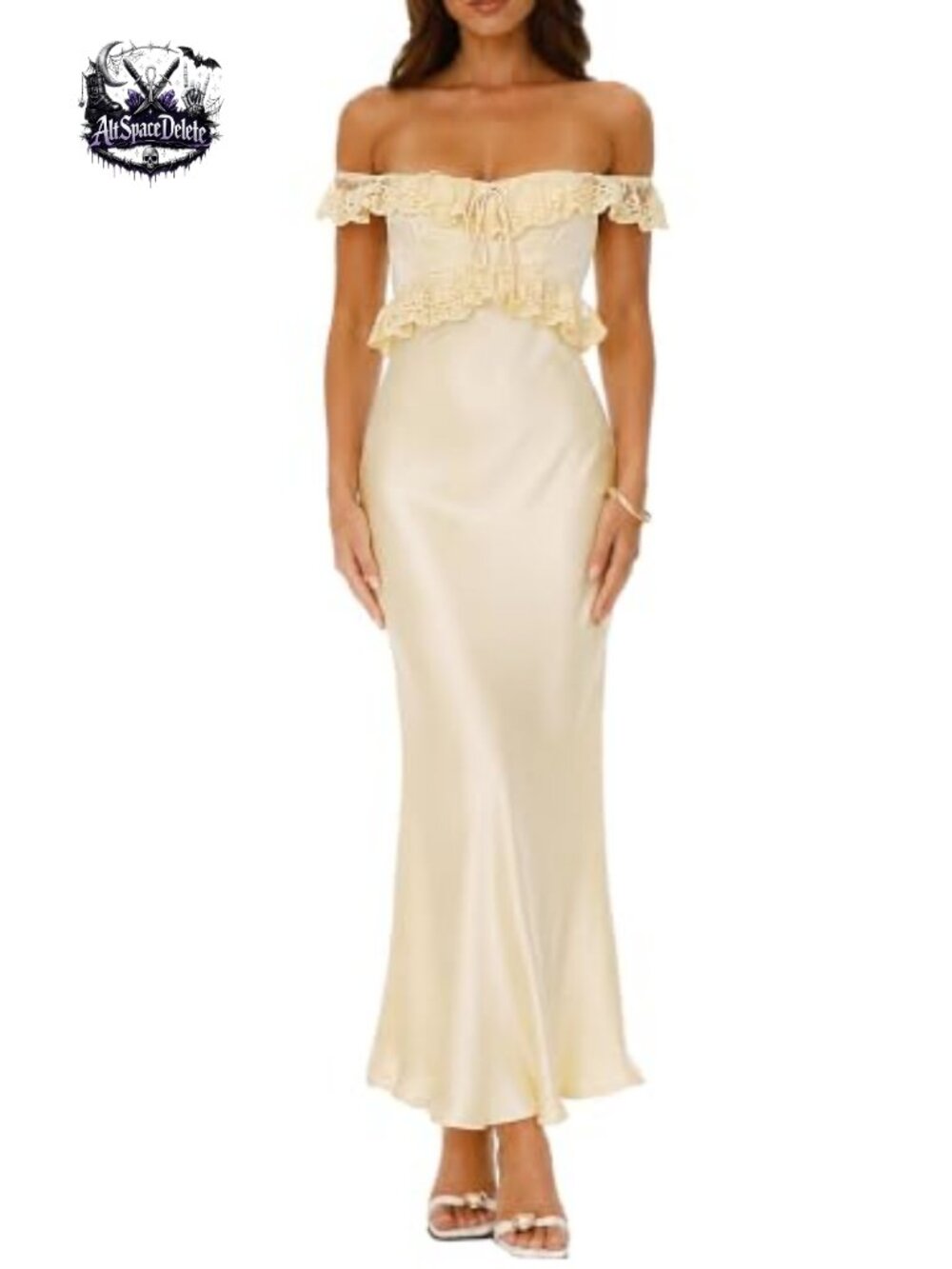 Satin Off Shoulder Formal Maxi Dress Lace Trim Tie Neck Wedding Guest